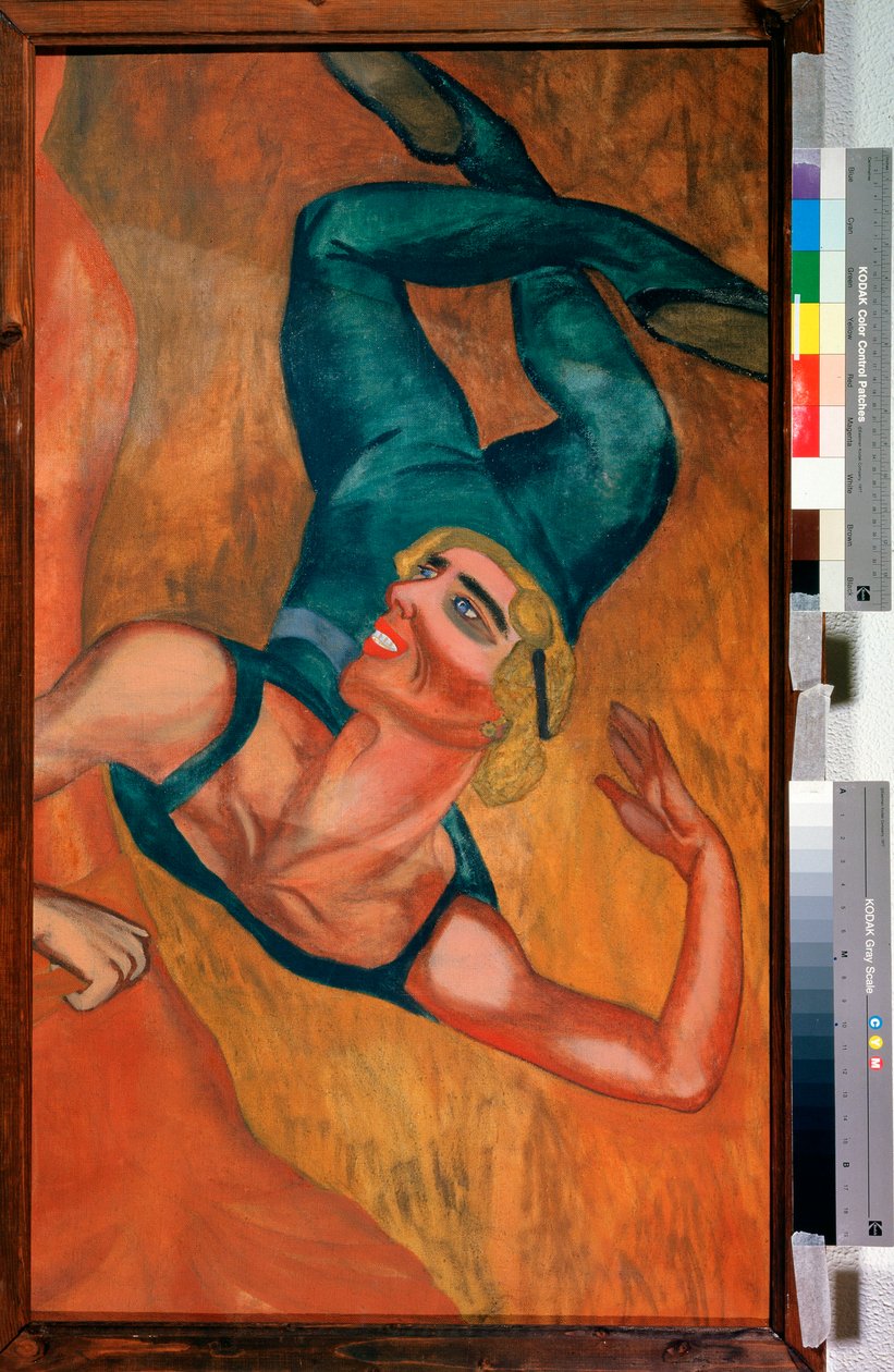 Saut (Salto) - Um acrobata executa um salto, rosto sorridente, corpo flexível deformado pela pose em suspensão no ar - Pintura de Nadezhda Vladimirovna Lermontova (1885-1921), óleo sobre tela de Nadezhda Vladimirovna Lermontova