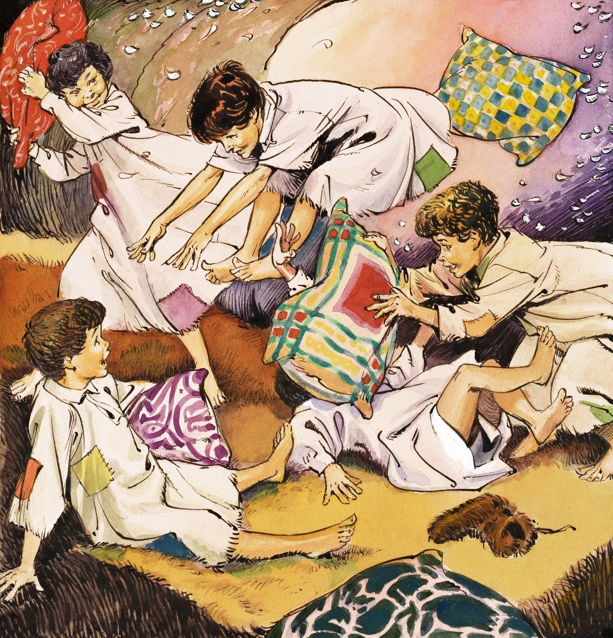 A Pillow Fight, ilustração de "Peter Pan" de J.M. Barrie (guache sobre papel) de Nadir Quinto