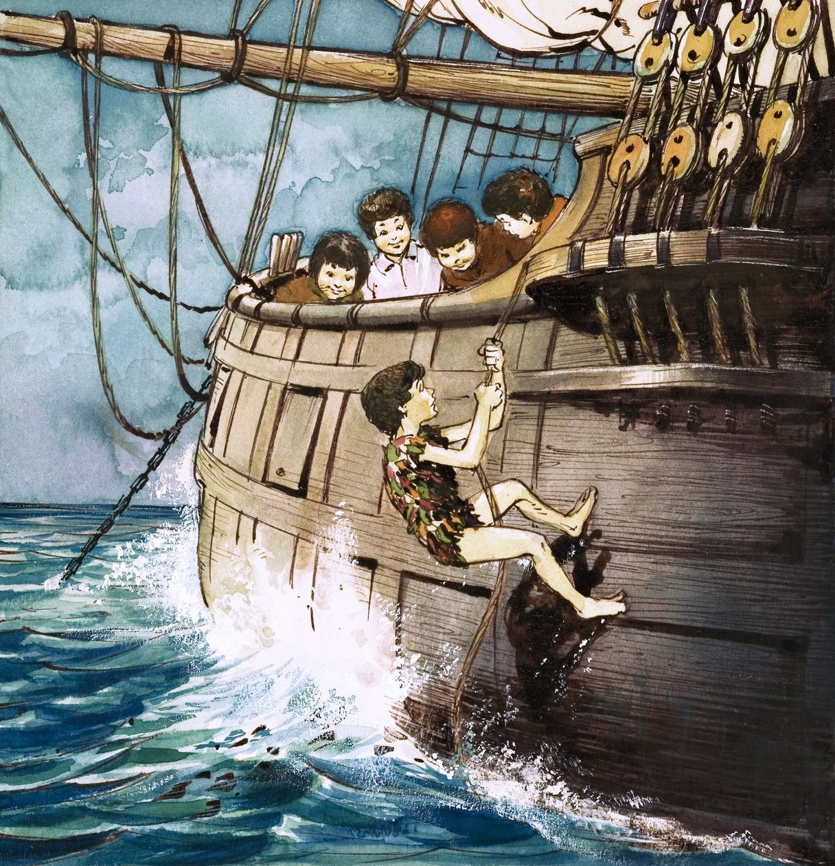 Peter Pan a subir a bordo, ilustração de "Peter Pan" de J.M. Barrie (guache sobre papel) de Nadir Quinto