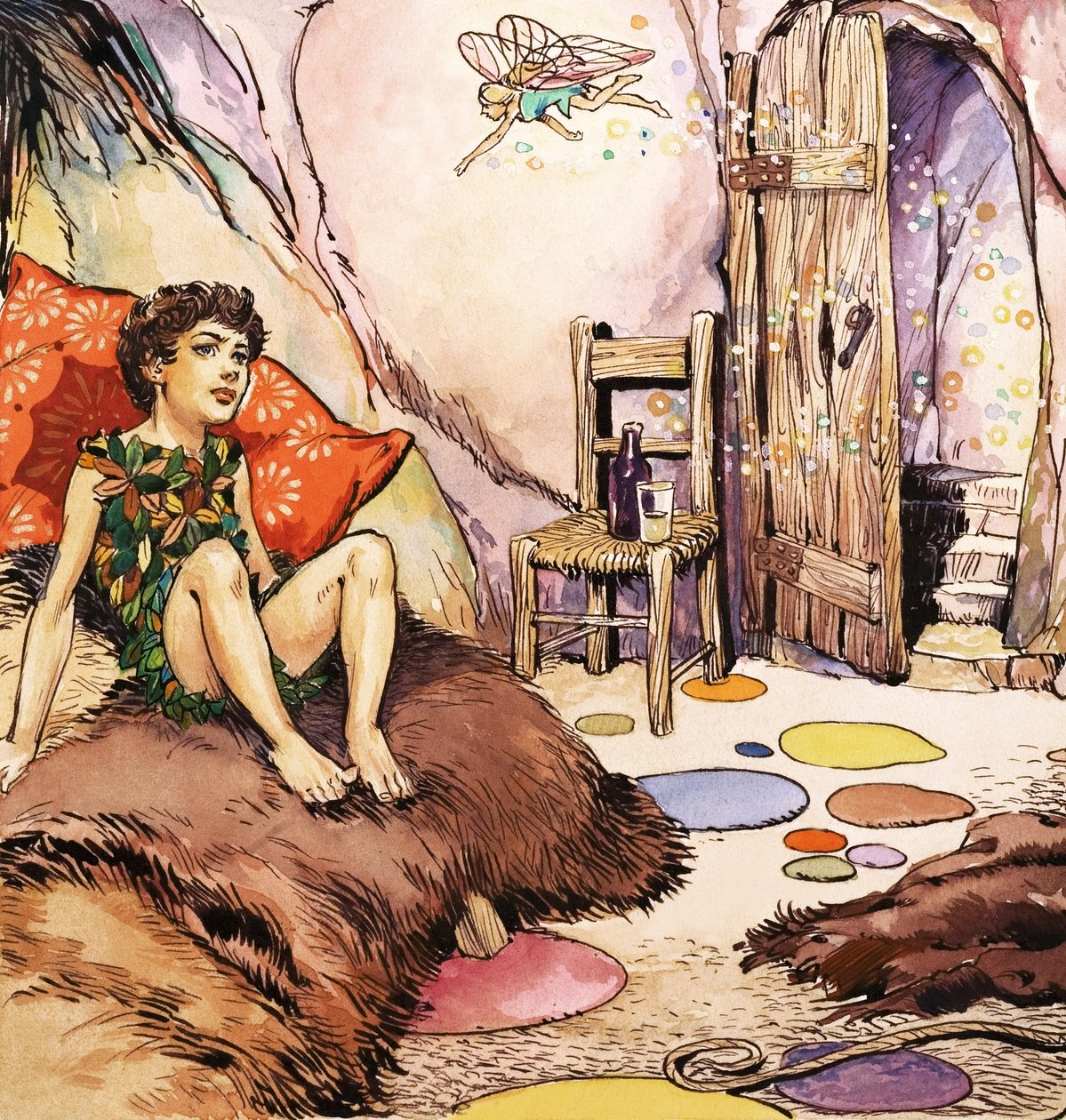 Peter Pan a falar com Sininho, ilustração de "Peter Pan" de J.M. Barrie (guache sobre papel) de Nadir Quinto