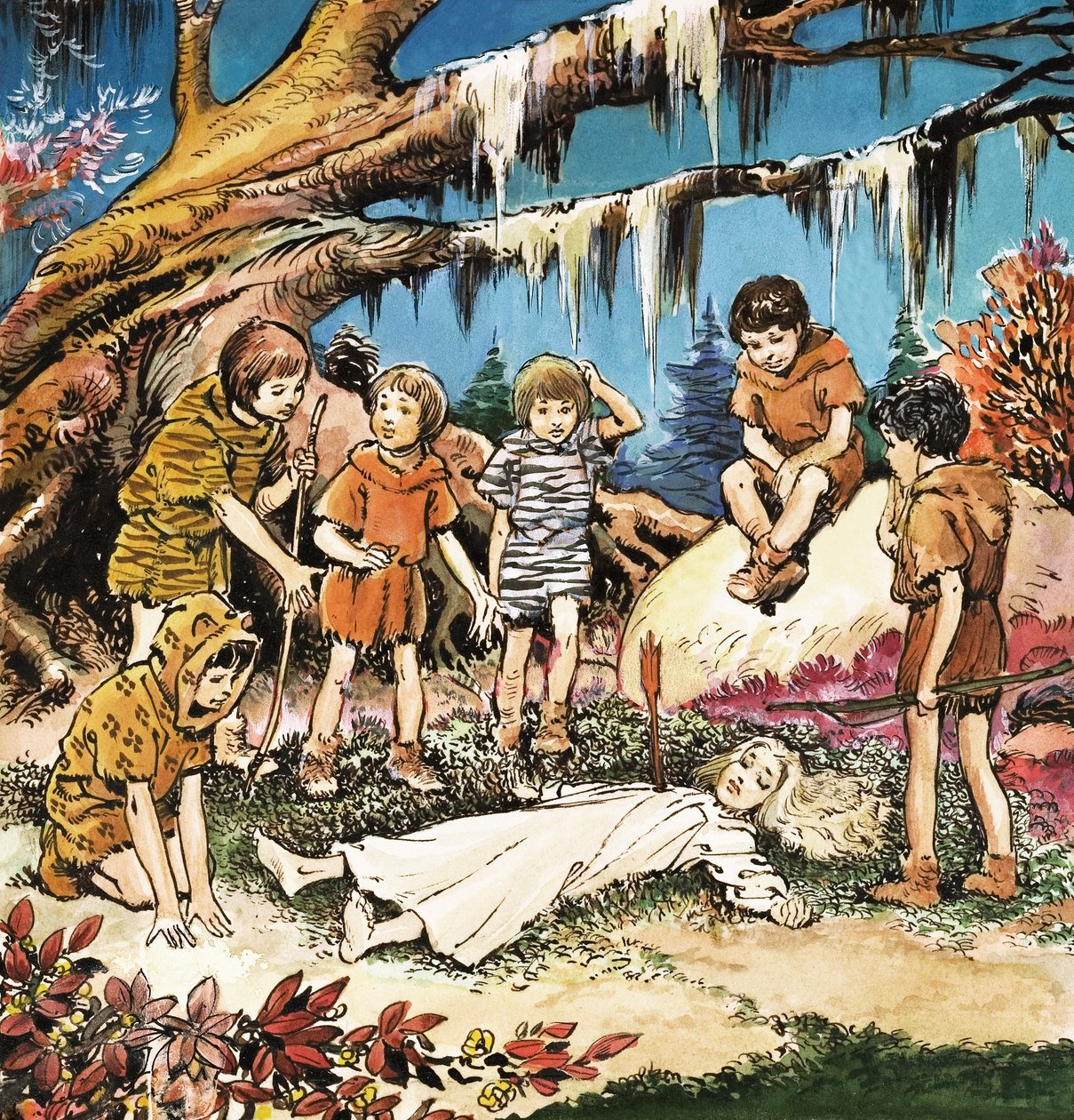 A preocupação dos Rapazes Perdidos com a Wendy ferida, ilustração de "Peter Pan" de J.M. Barrie (guache sobre papel) de Nadir Quinto
