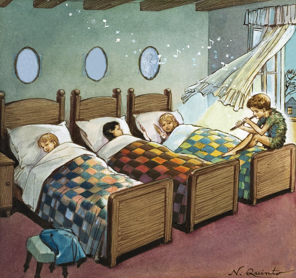 Wendy, Michael e John Sleeping, ilustração de "Peter Pan" de J.M. Barrie (guache sobre papel) de Nadir Quinto
