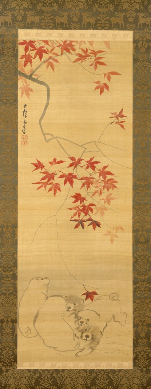 Filhotes de cachorro sob um ramo de Maple de Nagasawa Rosetsu