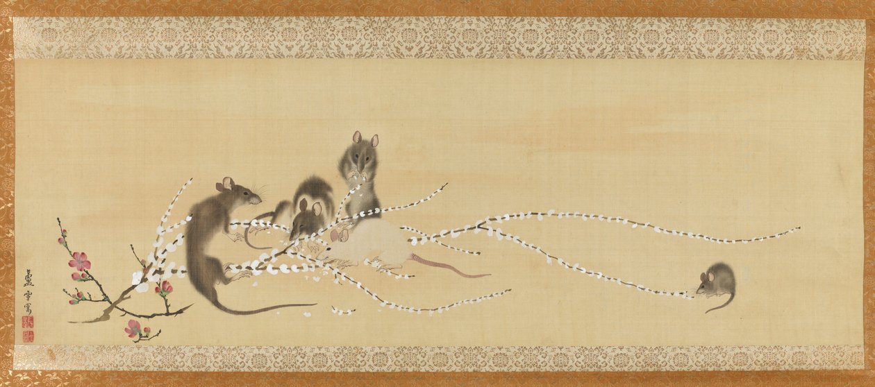 Ratos em flores de bolos de arroz de Nagasawa Rosetsu