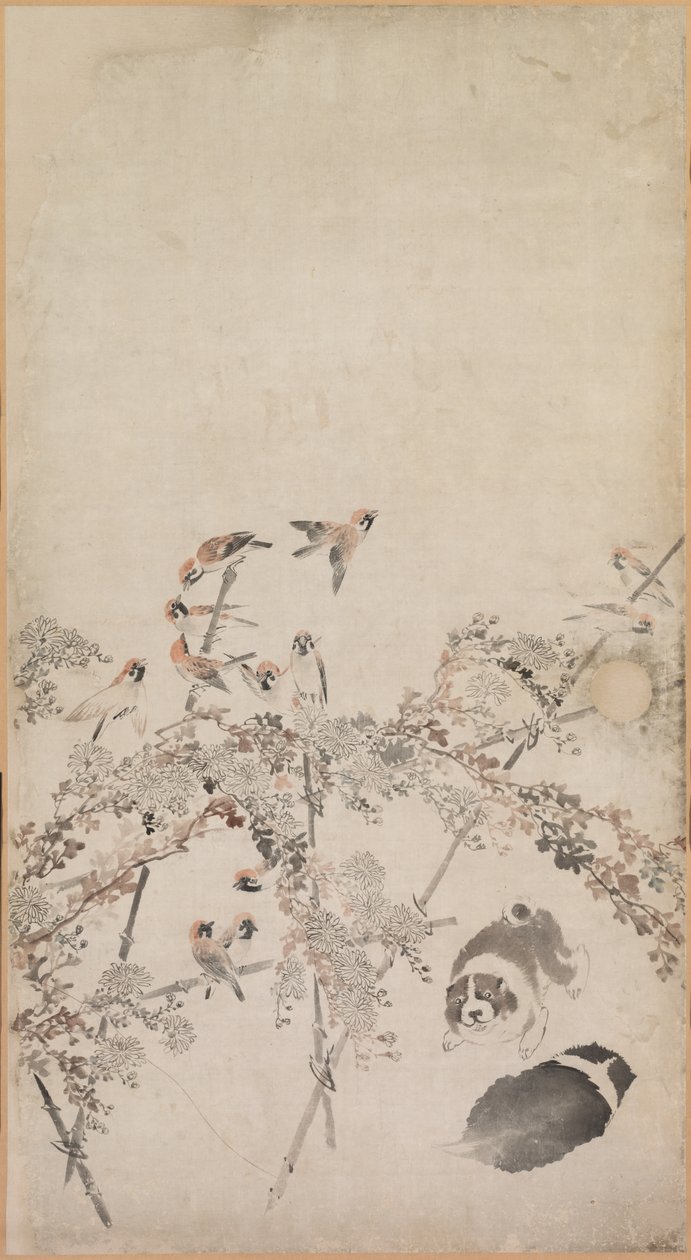 Filhotes de cachorro, pardais e crisântemos de Nagasawa Rosetsu