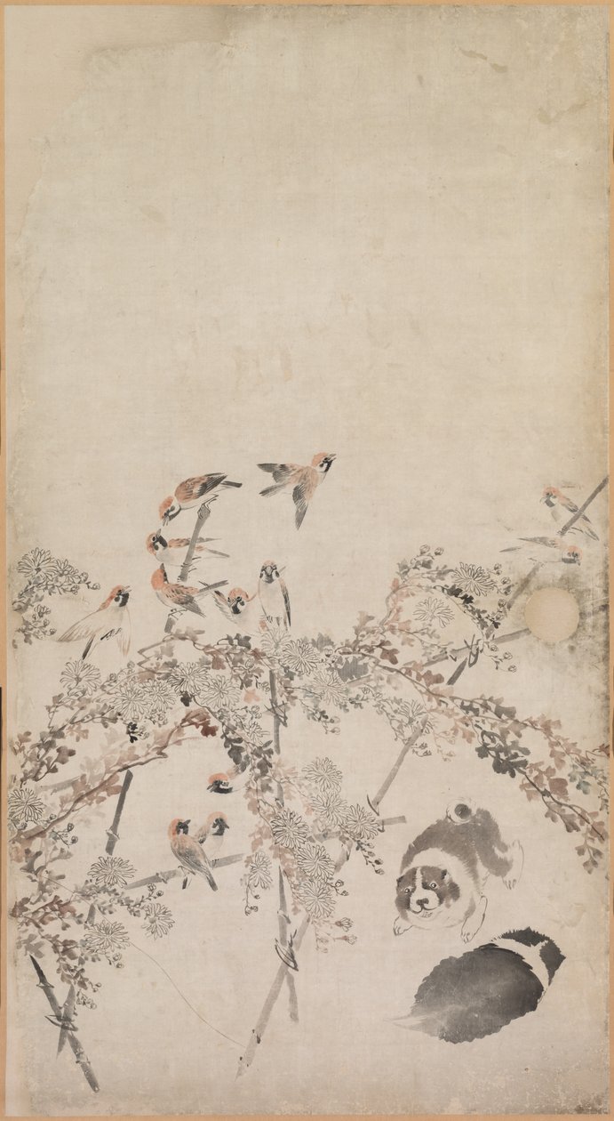 Filhotes, pardais e crisântemos, 1754-1799. de Nagasawa Rosetsu