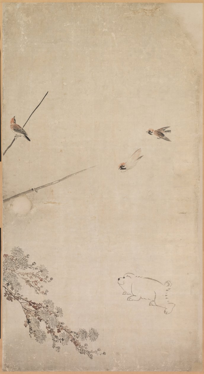 Filhotes, pardais e crisântemos, 1754-1799. de Nagasawa Rosetsu