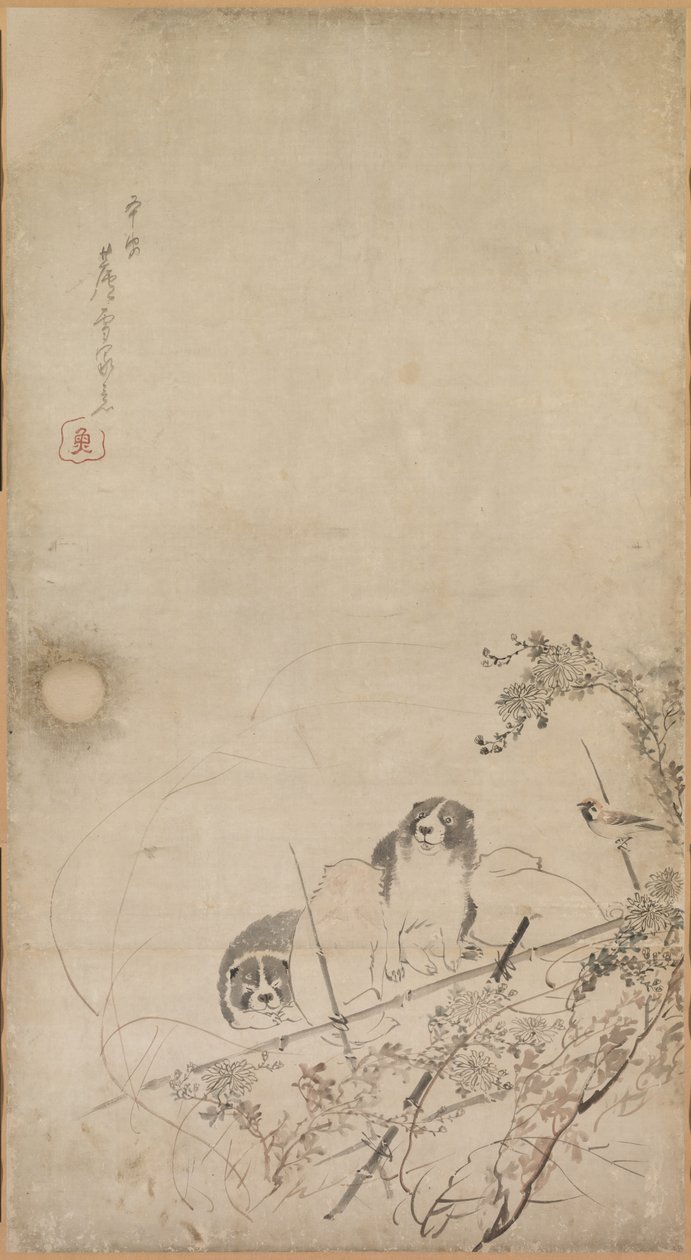 Filhotes, pardais e crisântemos, 1754-1799. de Nagasawa Rosetsu