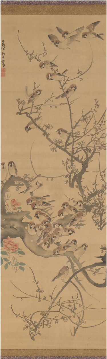 Pardais em uma ameixeira, início da década de 1790. de Nagasawa Rosetsu