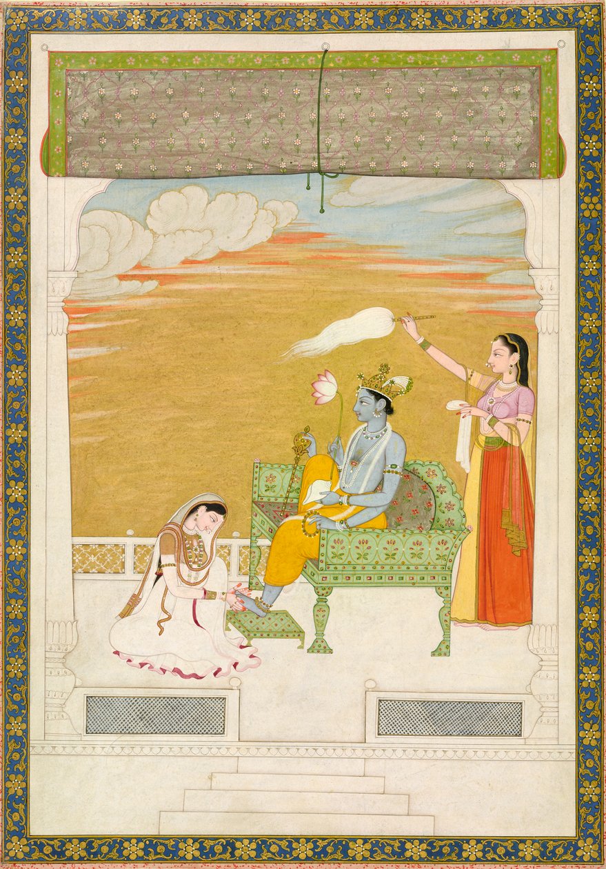 Lakshmi massageando o pé de Vishnu, ca. 1765-1770. Criadores: Nainsukh, Manju. de Nainsukh Manju