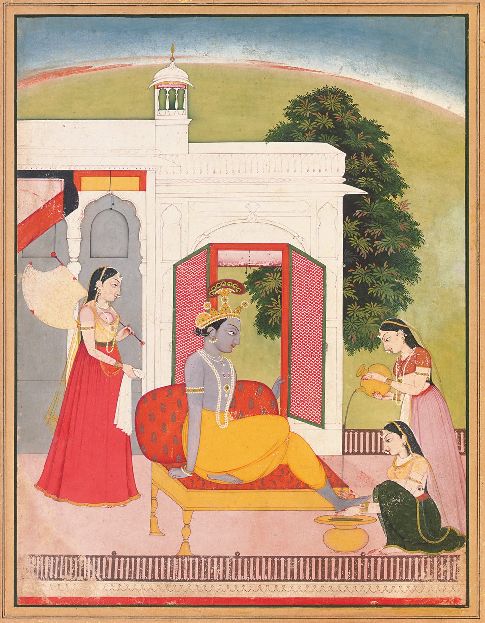 Pés de Krishna lavados por empregadas domésticas, Punjab Hills, Basohli, c.1780 de Nainsukh