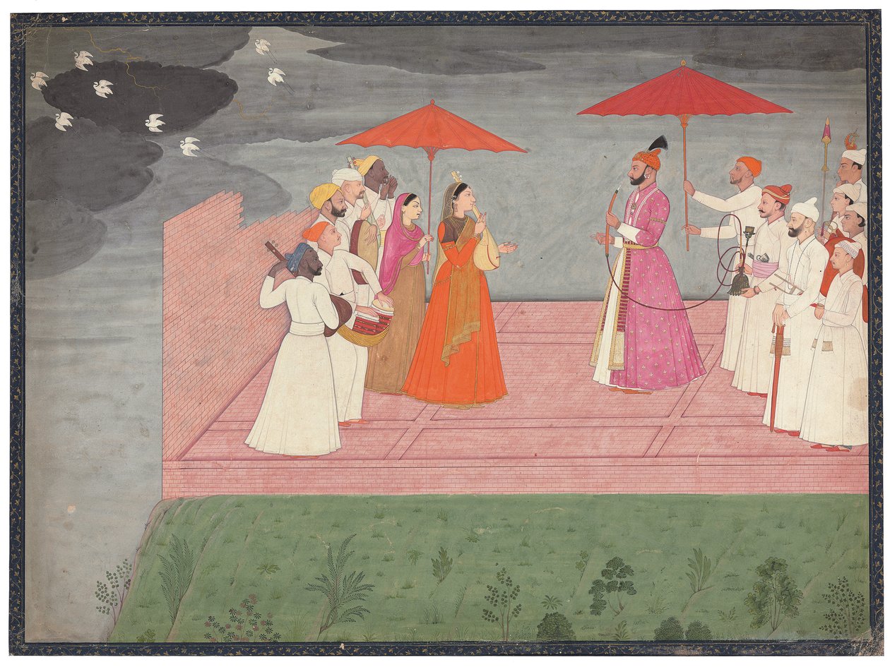 Músicos tocando uma raga para Balwant Dev Singh durante a estação chuvosa, c.1745-50 de Nainsukh