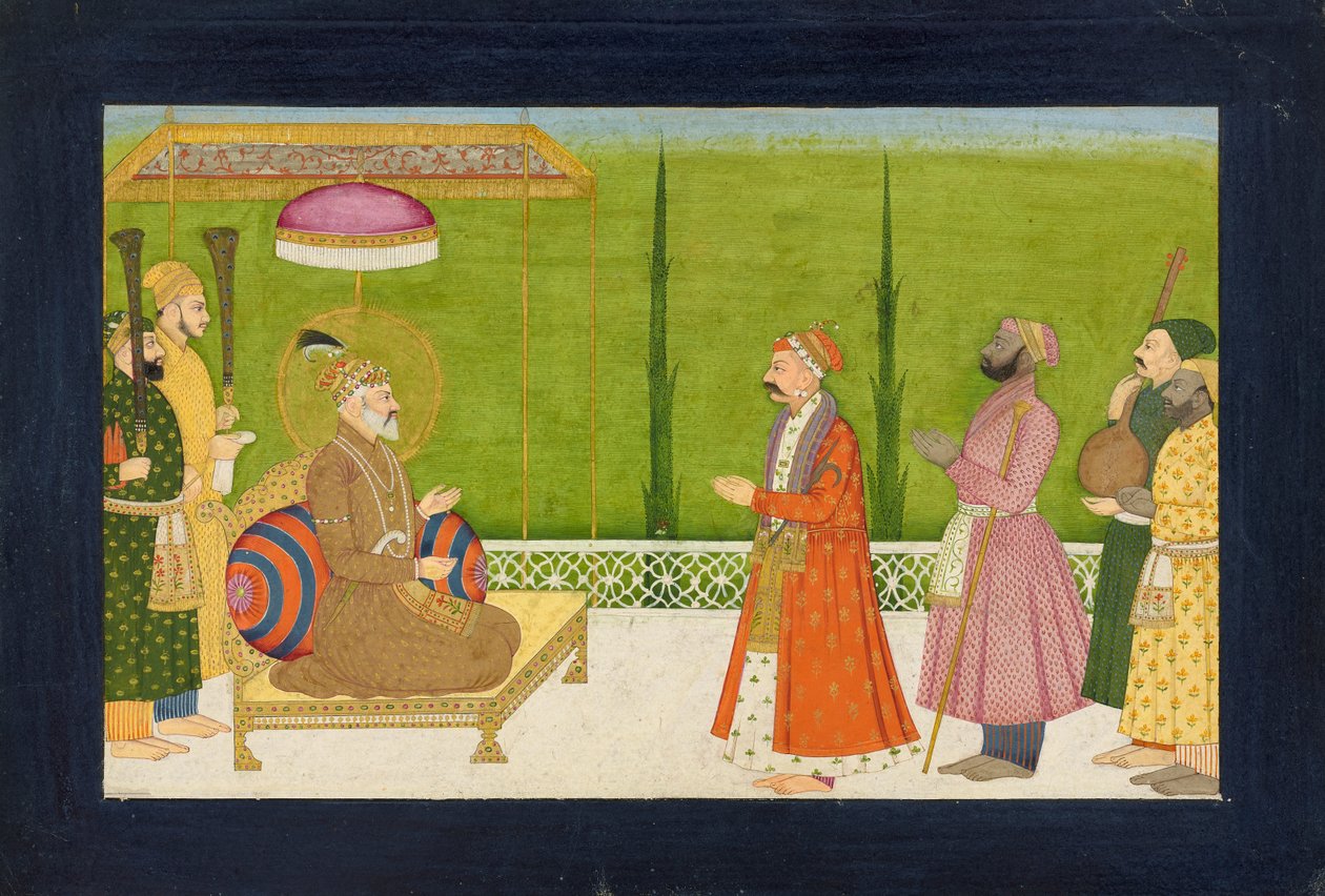 O poeta Sundar Das diante do imperador Shah Jahan, fólio de um <em>Sundar Shringar</em> de Nainsukh