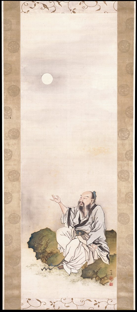 Cavalheiro Contemplando a Lua (tinta e cor sobre seda) de Nakabayashi Chikkei