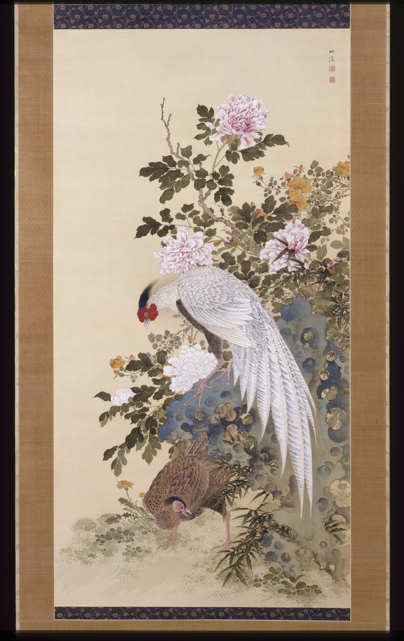 Peonies And Silver Pheasants (tinta e cor sobre seda) de Nakabayashi Chikkei
