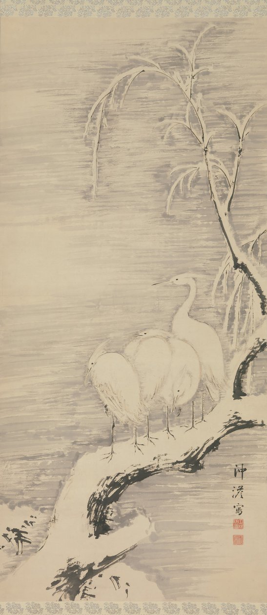Garças na neve, ca. 1840 de Nakabayashi Chikuto