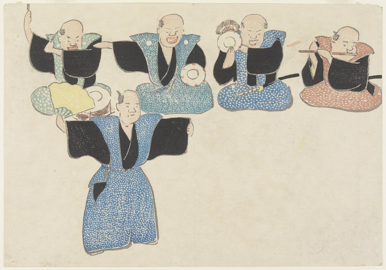 Bailarino e Quatro Músicos, do século XVIII ao XIX (impressão em xilogravura a cores) de Nakamura Hochu