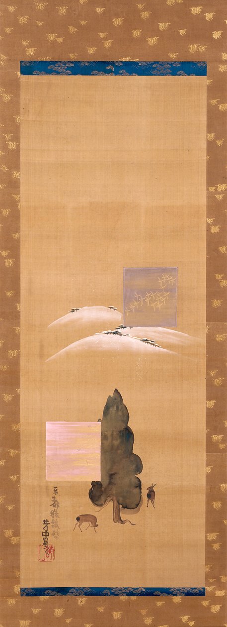 Oito vistas de Yamato: Neve no Monte Mikasa, e Veado no Campo de Kasuga (tinta, cor na seda) de Nakamura Hochu