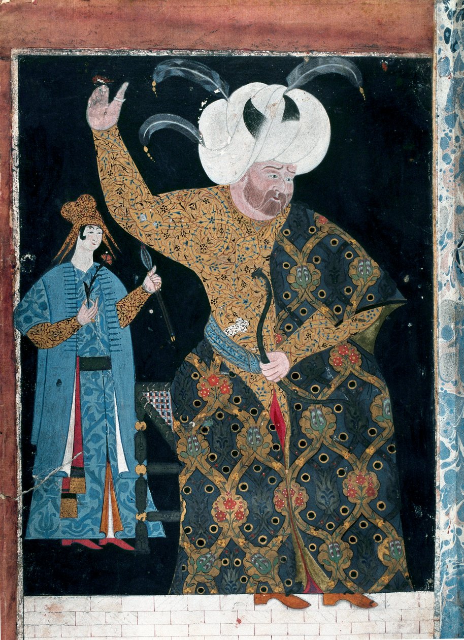 Império Otomano: "Retrato do Sultão Selim II chamado o Bêbado ou Sari o Louro (1524-1574)" Aguarela atribuída a Reis Haydar Nakkep dit Nigari (1494-1572) (TKS 2134, fol. 3 b) Istambul, Topkapi Seray de Nakkep called Nigari Reis Haydar