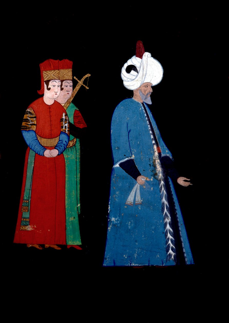 Retrato do Sultão Otomano Soliman (Sukeyman) I o Magnífico (1494-1566), de idade, acompanhado por dois guardas armados. Miniatura de Haydar Reys Nigari (1462-1572) de Nakkep called Nigari Reis Haydar