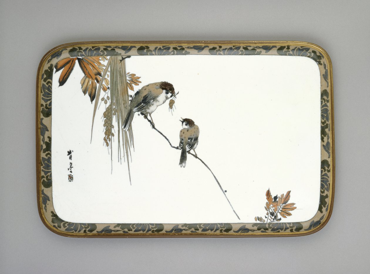 Bandeja com dois pardais em um galho, c.1880 (cloisonne esmaltado) de Namikawa Sosuke