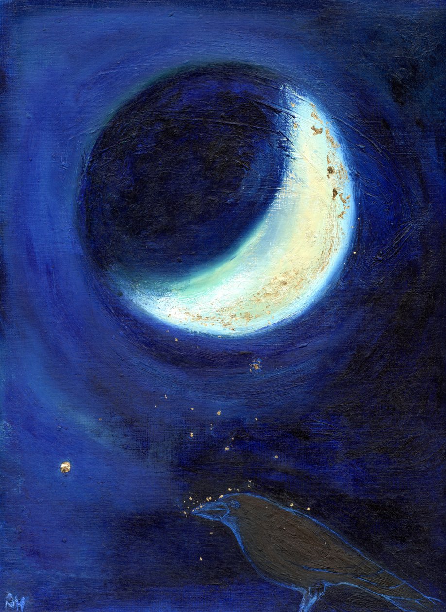 Julho Moon, 2014, (óleo e folha de ouro no cartão) de Nancy Moniz Charalambous