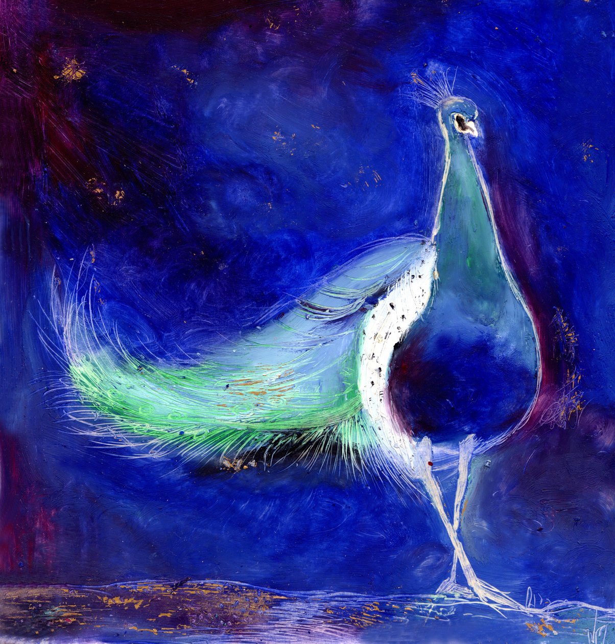 Pavão Azul, 2013, (óleo e folha de ouro no cartão) de Nancy Moniz Charalambous