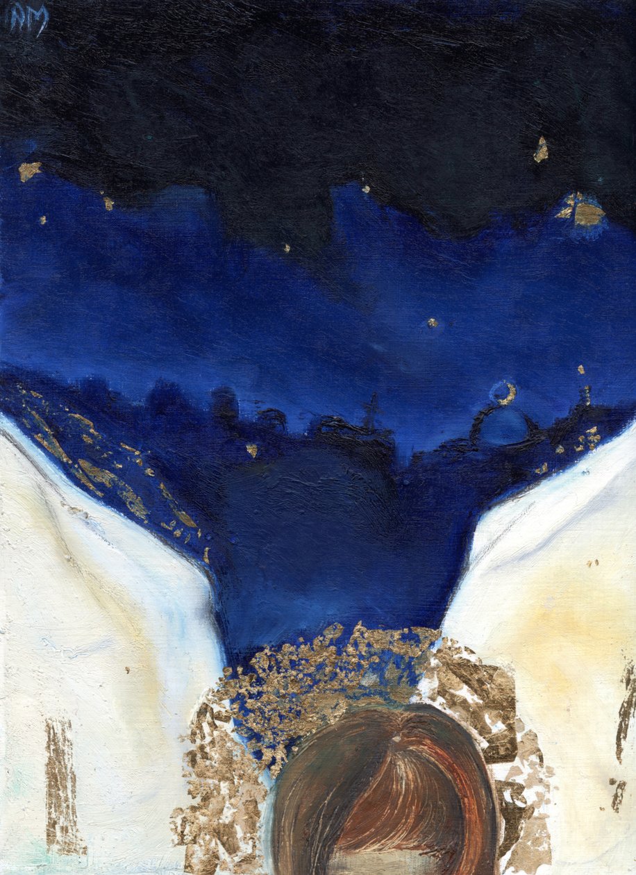 Noite o anjo pegou suas asas, 2014, (óleo e folha de ouro no cartão) de Nancy Moniz Charalambous