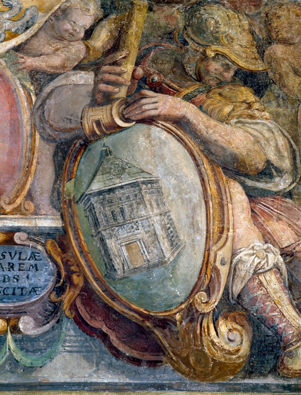 Quarto, detalhe do friso retratando cidades e edifícios sob o controle de Medici, o batistério de S. Giovanni, Florença, 1564-75 afresco de Bartolomeo Ammannati