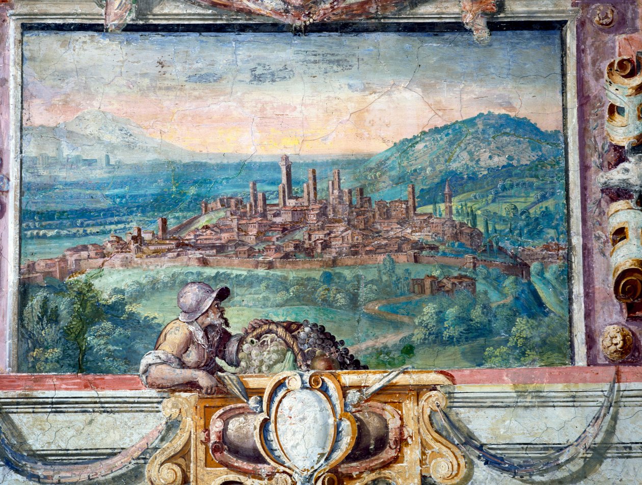 Quarto, detalhe do friso retratando cidades sob o domínio de Medici, San Gimiginano, afresco 1564-75 de Bartolomeo Ammannati