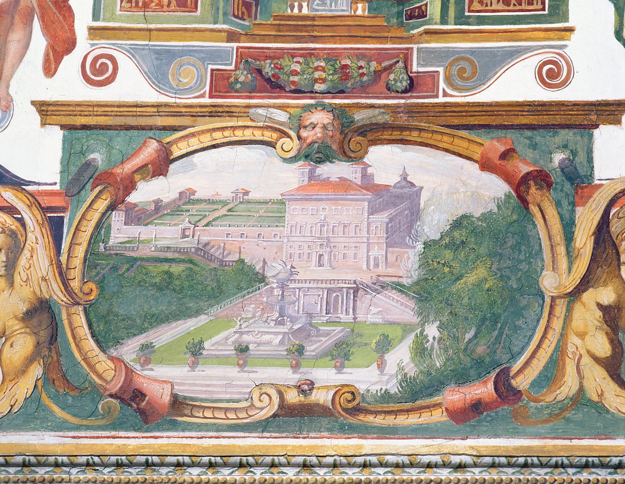 O estudo Studiolo de Francesco deMedici 1541-87 detalhe da decoração friso retratando uma das villas Medici, seu jardim e fonte, afresco 1564-75 de Bartolomeo Ammannati