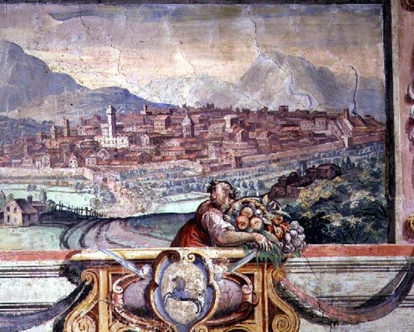 Quarto, detalhe de friso representando cidades sob o domínio dos Médicis, possivelmente Volterra de Nanni di B. Bigio and Bartolomeo Ammannati