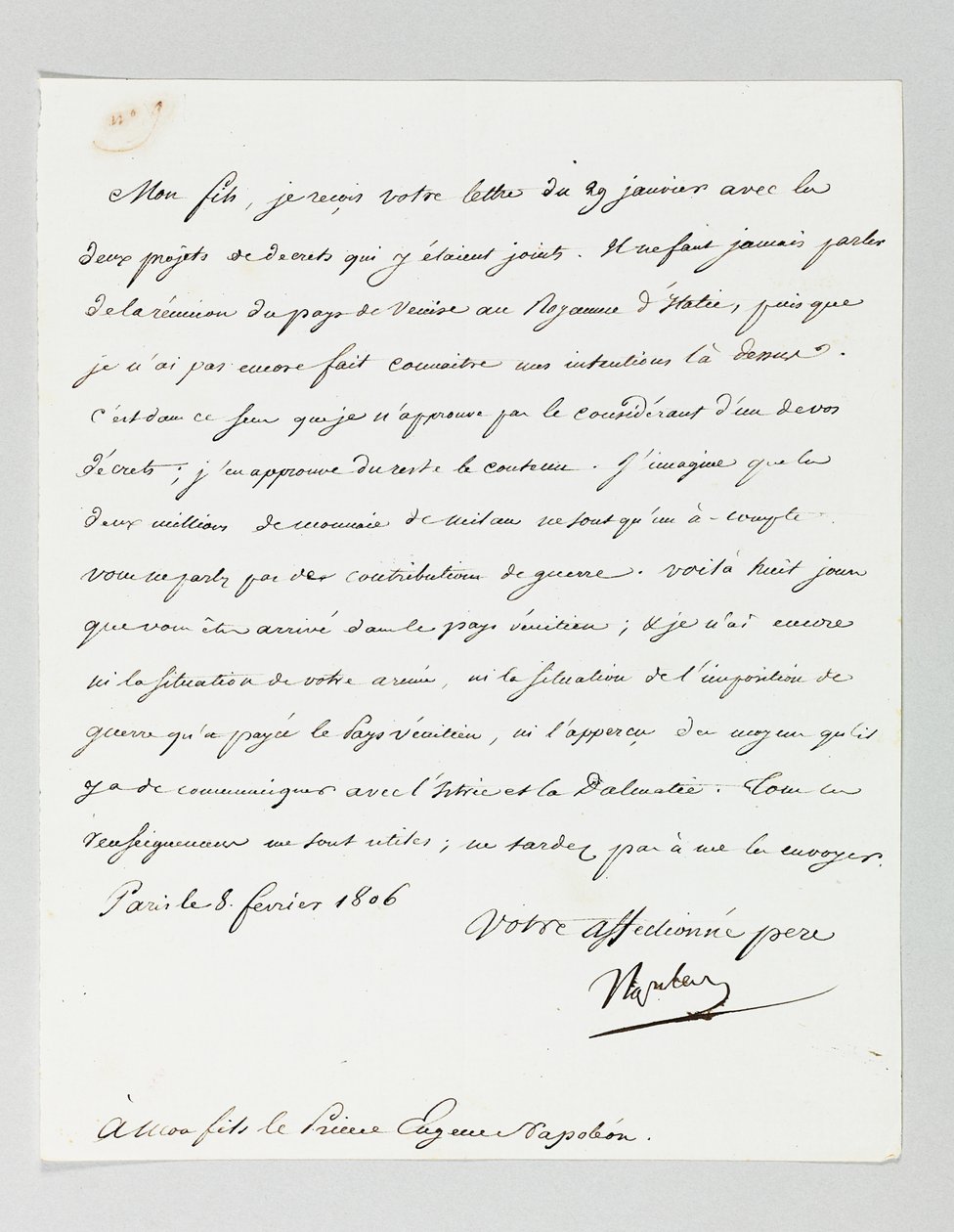 Carta assinada de Napoleão para seu enteado, Príncipe Eugène de Beauharnais Napoleão de Napoleon Bonaparte