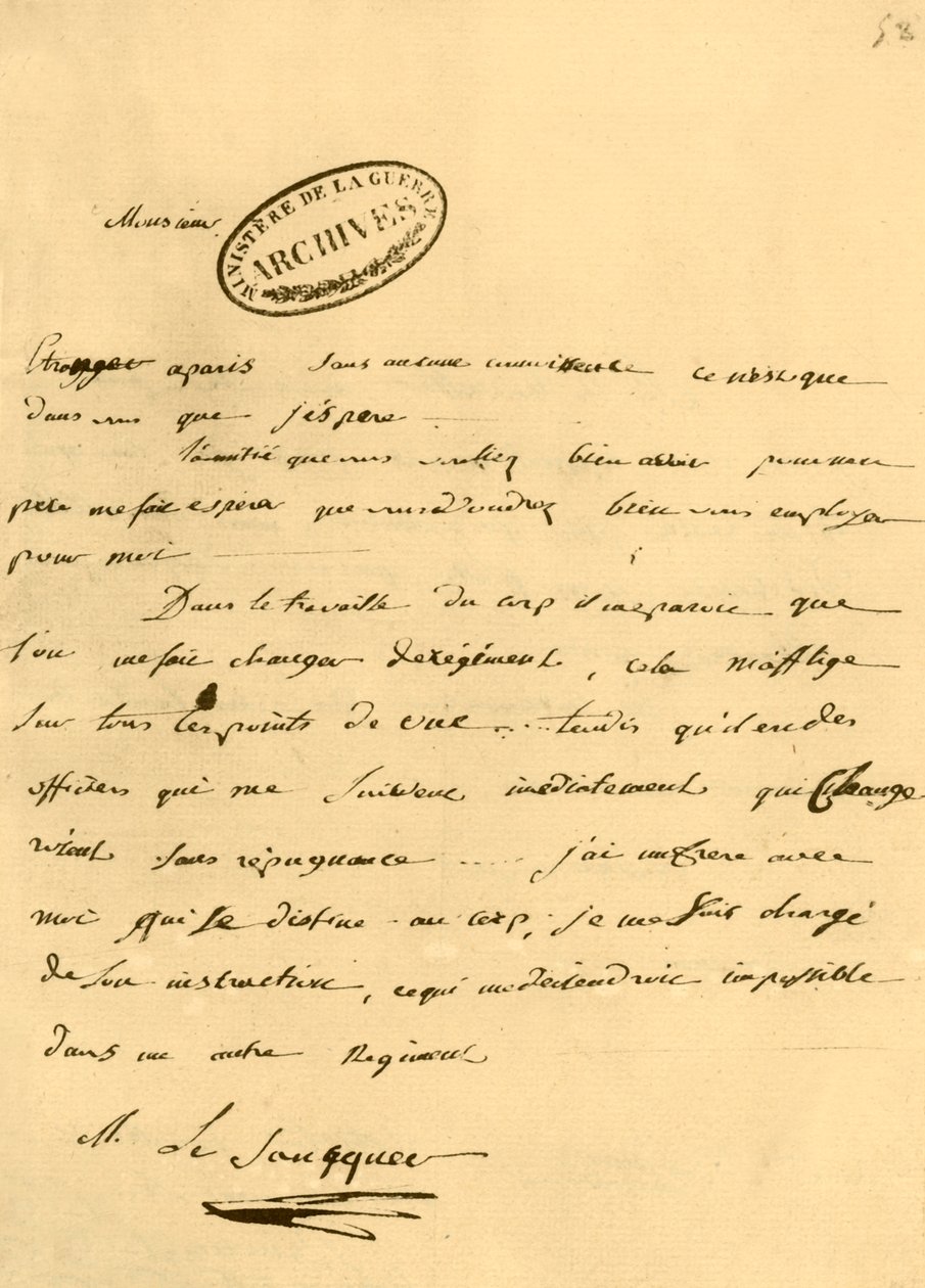 Carta de Napoleão a Le Saucquer, secretário de guerra, 3 de junho de 1791, 1921. de Napoleon Bonaparte I