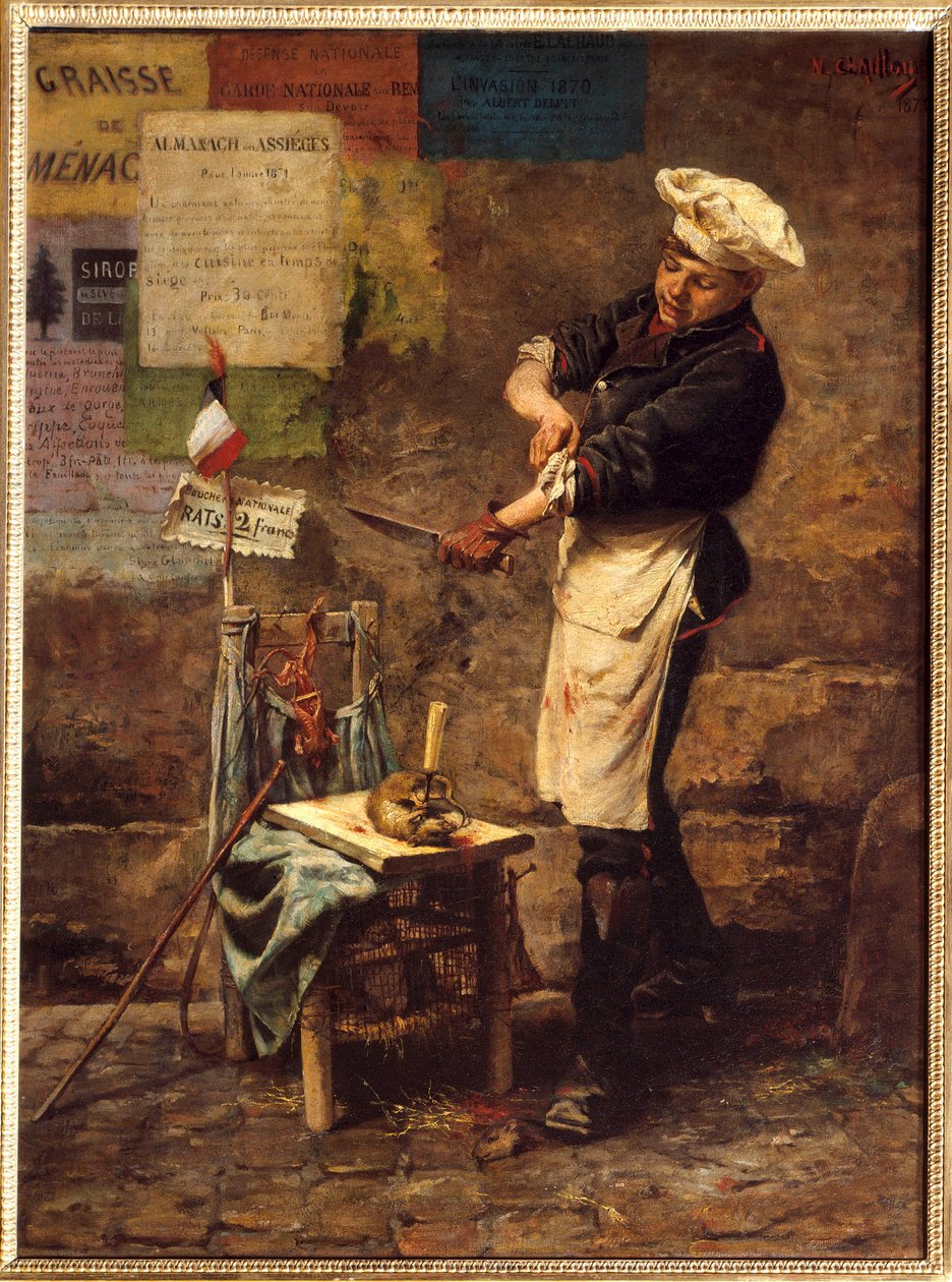 O vendedor de ratos durante o cerco de Paris em 1870 (h s/t 0,64 x 0,47) pintura de Narcisse Chaillou de 1870 (1835-1916) (Vendedor de ratos durante o cerco de Paris de Narcisse Chaillou