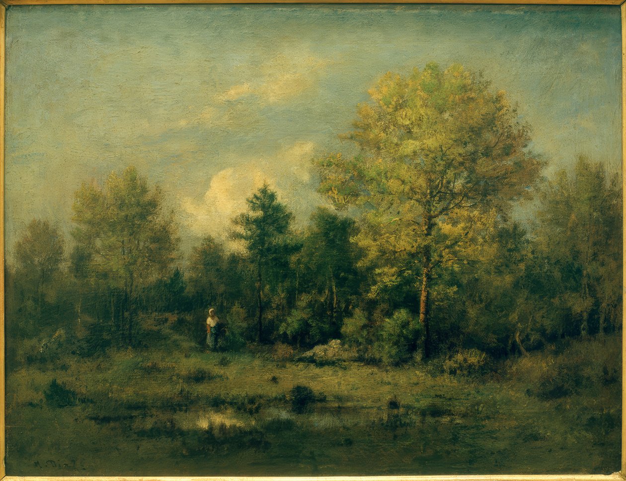 Paisagem com lago na floresta de Narcisse Diaz de la Pena