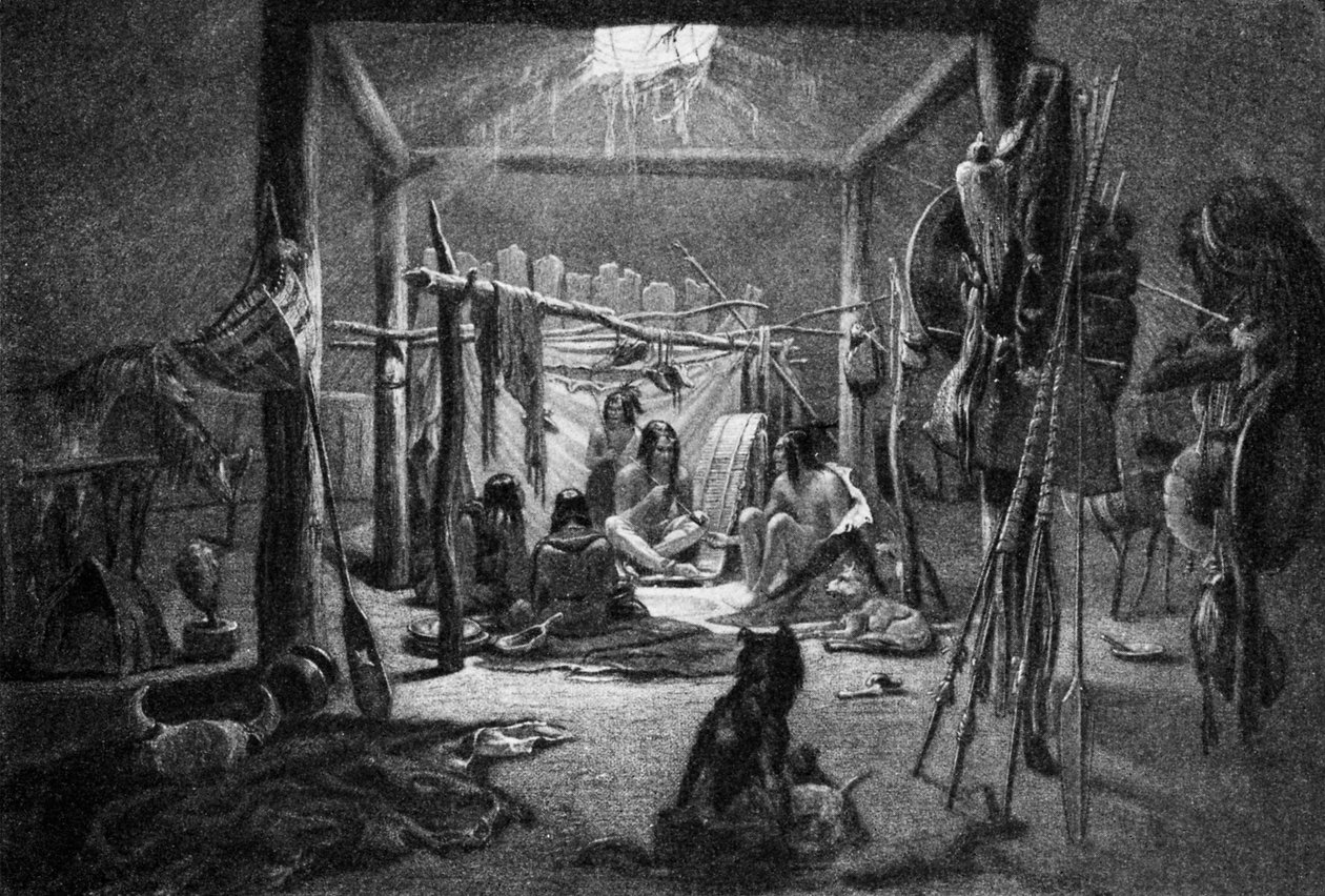 Cabana do chefe Mandan - (Interior) de uma habitação indígena americana de Narcisse Edmond Joseph Desmadryl