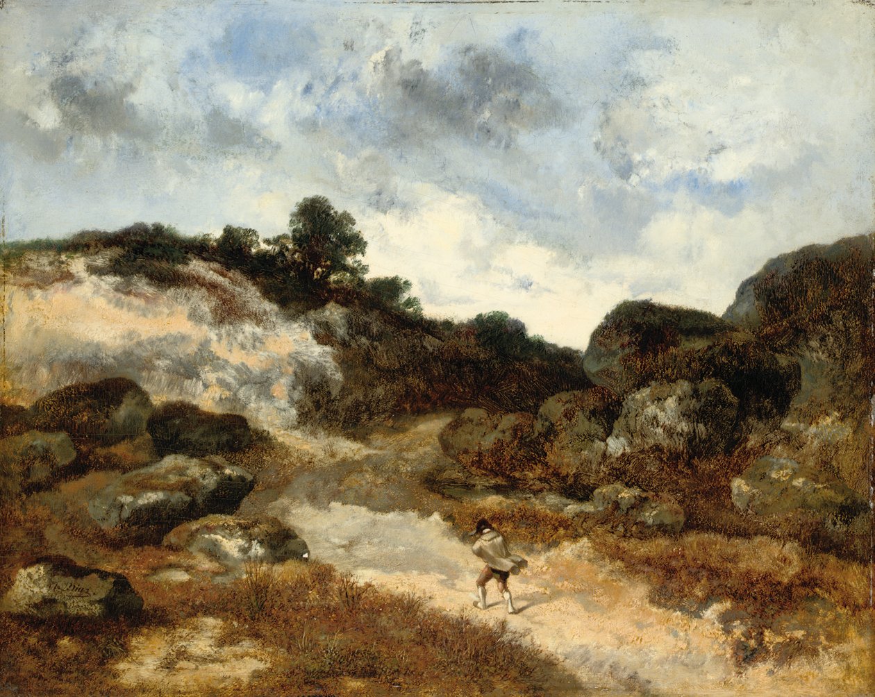 Antes da tempestade, um personagem na estrada rochosa para Jean-de-Paris de Narcisse Virgile Diaz de la Peña