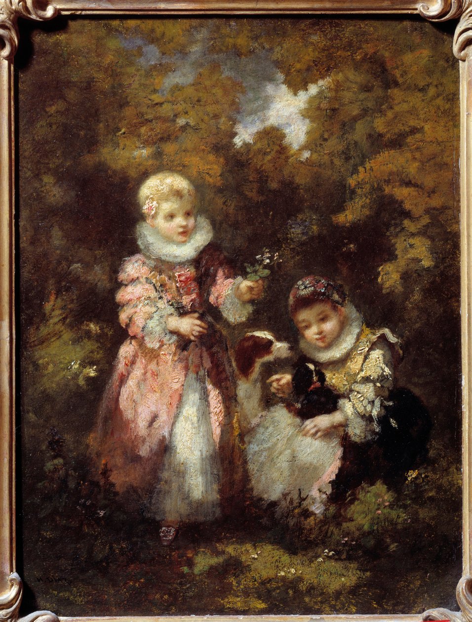 Crianças e cães Pintura por Narciso Diaz de la Pena (1807-1876) (ec. de Barbizon) Sol. 0,32x0,24 m de Narcisse Virgile Diaz de la Peña