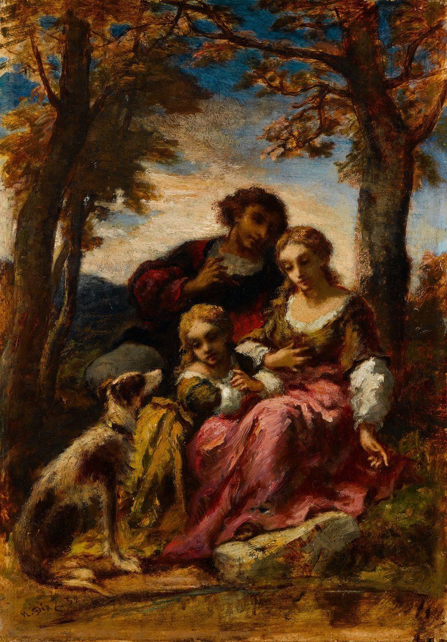 Figuras e um cachorro em uma paisagem, 1852. de Narcisse Virgile Diaz de la Peña