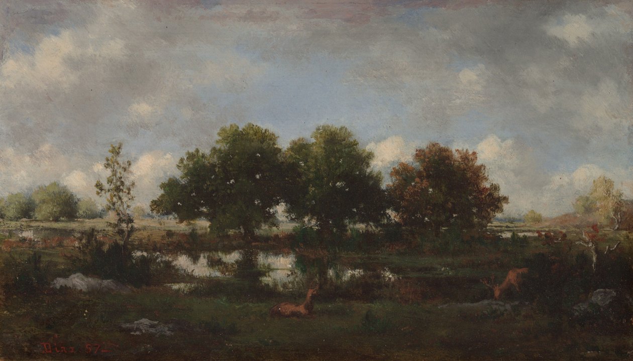 Paisagem florestal com veados de Narcisse Virgile Diaz de la Peña