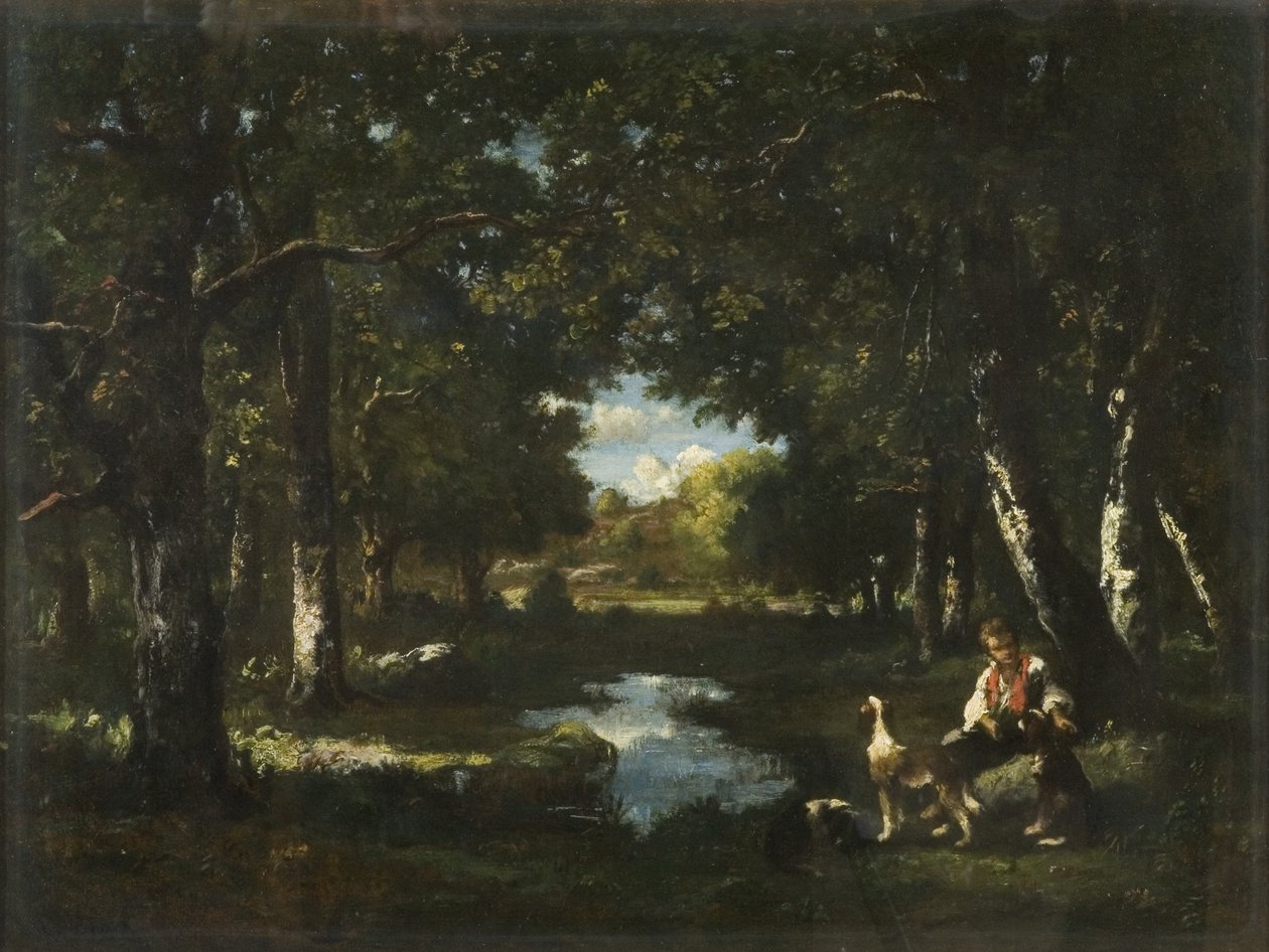 Homem e Cão Descansando na Glade da Floresta (óleo sobre tela) de Narcisse Virgile Diaz de la Peña
