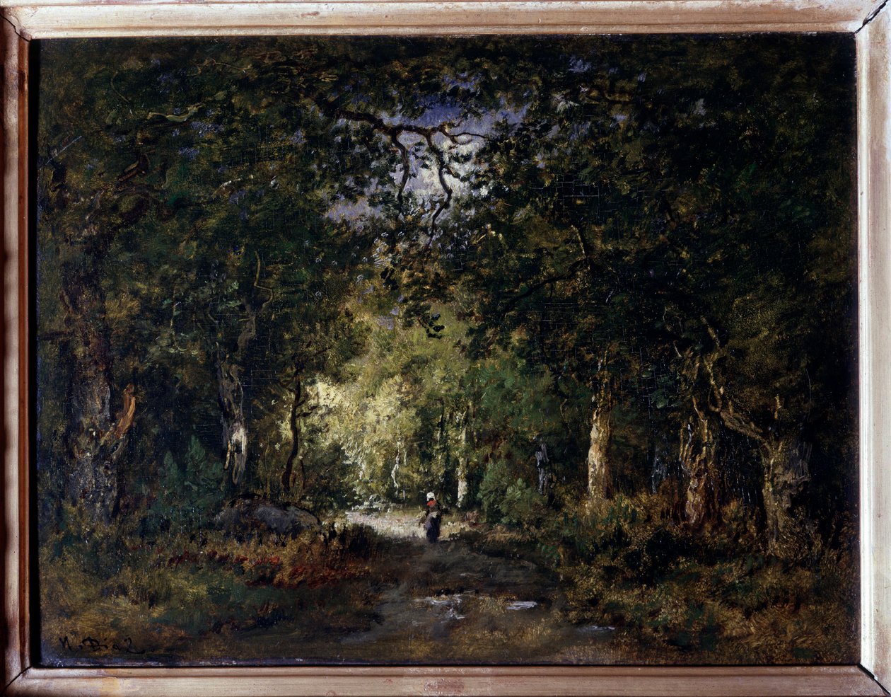 A estrada sob madeira Pintura de Narcisse Diaz de la Pena (1807-1876) Sol do século XIX. 0,24x0,32 m de Narcisse Virgile Diaz de la Peña