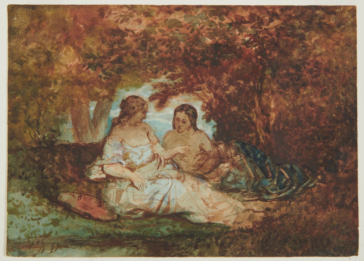 Cena de floresta, c.1830-50 (caneta, tinta, aguarela e óleo sobre papel) de Narcisse Virgile Diaz de la Peña