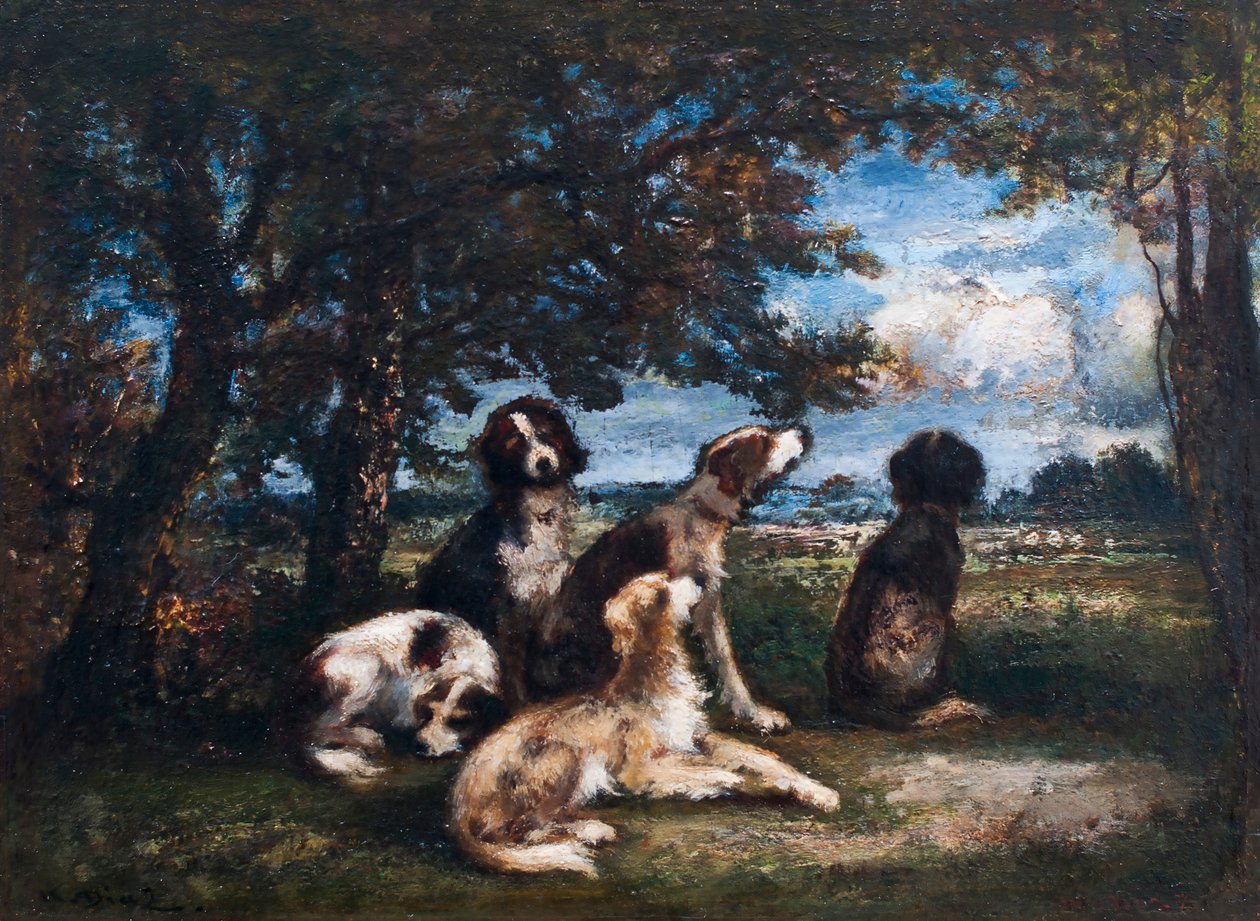 Cães na floresta de Fontainebleau (óleo sobre cartão) de Narcisse Virgilio Diaz de la Peña