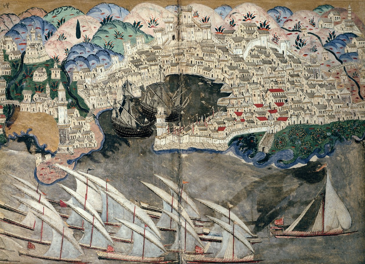 A frota otomana bloqueando o porto de Marselha em 1543 de Nasuh Al Silahi