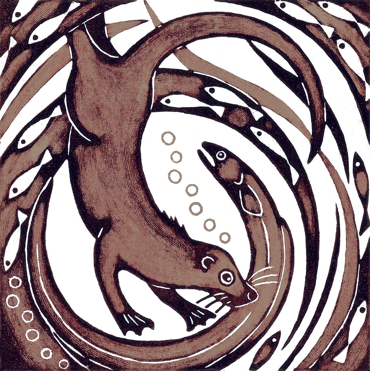 Lontra com enguia, 2010 (xilogravura colorida) de Nat Morley