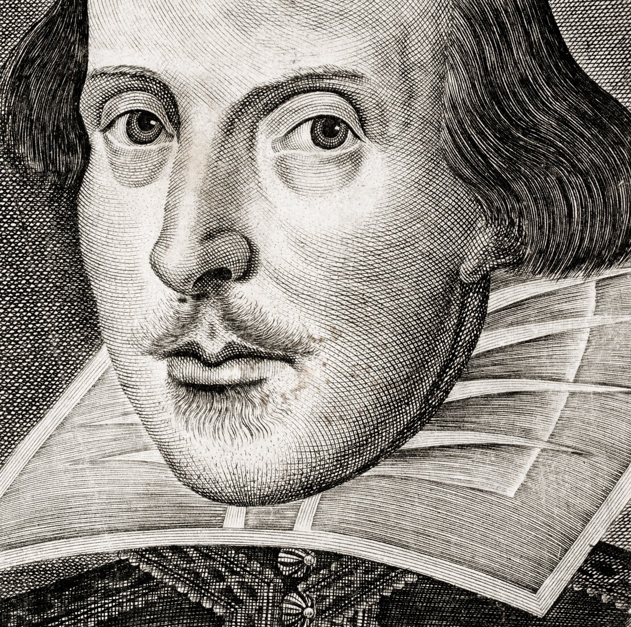Pormenor do retrato de William Shakespeare no frontispício de Comedies, histories,  t... de Nathan Benn