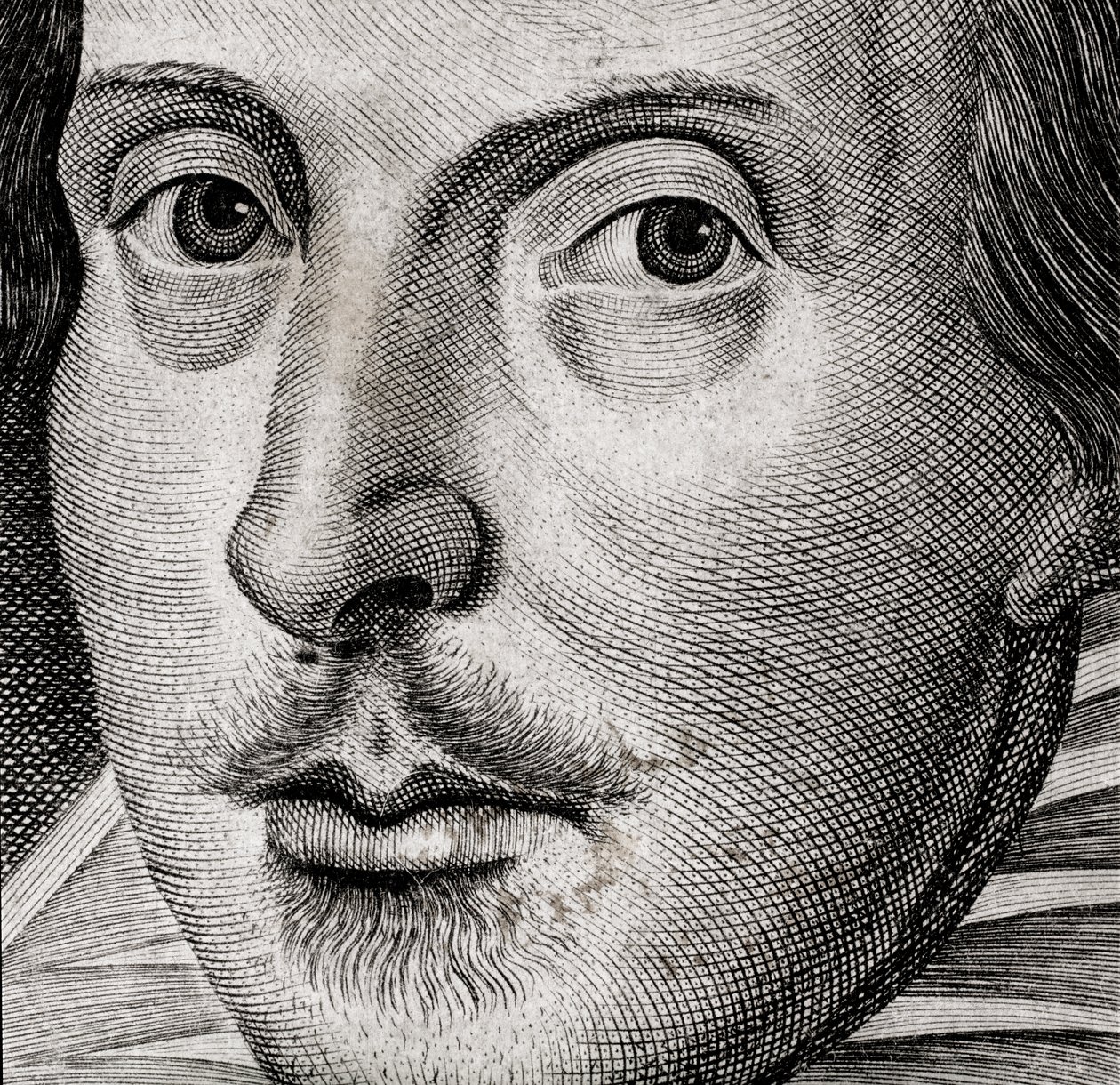 Pormenor do retrato de William Shakespeare no frontispício de Comedies, histories,  t... de Nathan Benn