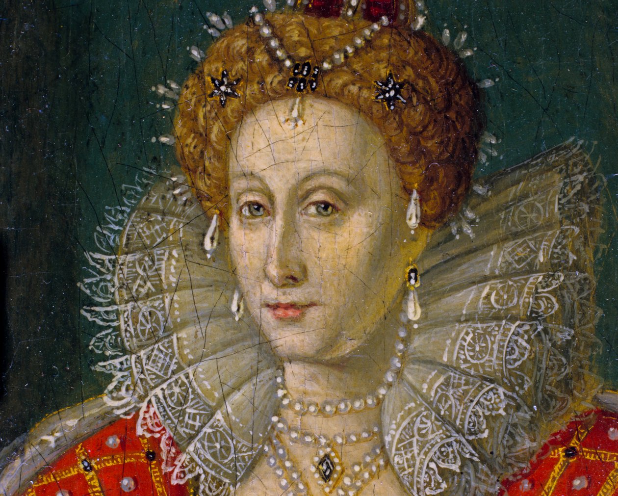 Pormenor da pintura a óleo em miniatura do retrato da Rainha Isabel I de Inglaterra e da Irlanda de Nathan Benn